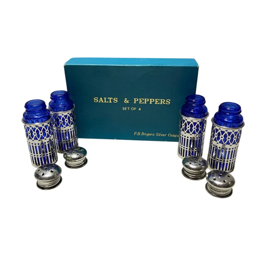 F B Rogers Silver Co. VINTAGE Four Silver Plated Cases Over Cobalt Blue Glass